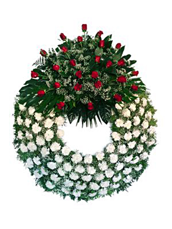 Corona Capriccio de claveles blancos y centro de rosas rojas