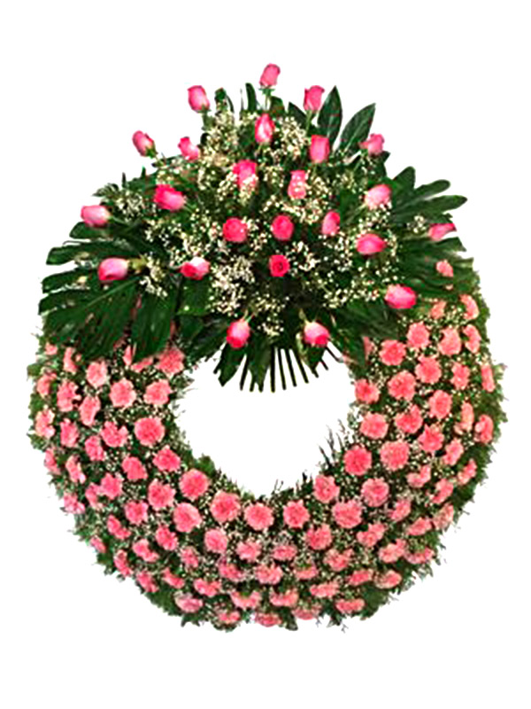 Corona Capriccio de claveles rosa y centro de rosas color rosa